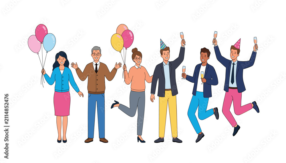 Obraz premium A cheerful vector illustration of diverse people celebrating a party . colorful balloons, champagne glasses, festive hats, joyful jumping friends .
