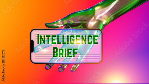 Intelligence Brief Digital Dashboard Card Held by Futuristic AI Hand with Holographic Interface Background