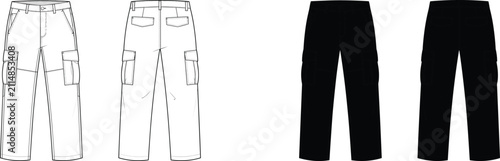 Professional vector fashion flat sketch template showing casual cargo pants with utility pockets