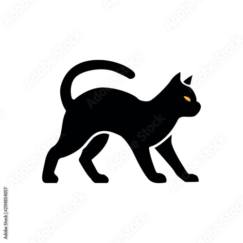 Black cat silhouette illustration walking with yellow eyes on white background, feline predator minimalist graphic icon design