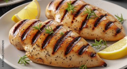 Grilled chicken breasts with lemon wedges on a white plate, delicious and appetizing.
