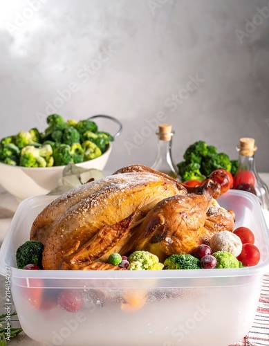 A roasted turkey breast in a clear plastic container with vegetables