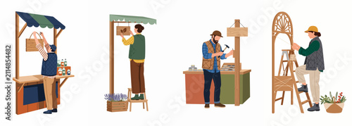 Diverse people setting up market stalls and crafting for an artisan fair, including characters hanging signs, hammering, and weaving, flat vector illustration.