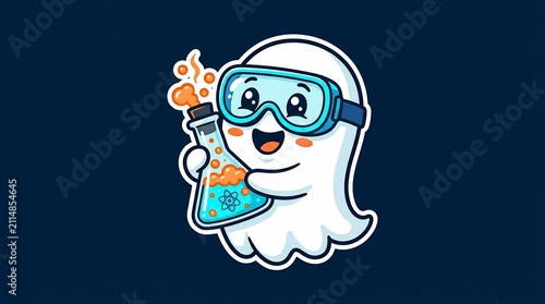 Cute cartoon scientist white ghost wearing blue goggles and holding a bubbling chemistry flask 