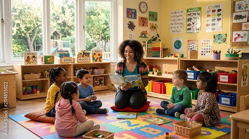 Teacher reading a book to a diverse group of preschool children in a classroom