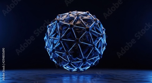 Intricate Geometric Sphere Illuminated with Blue Light on Dark Background.