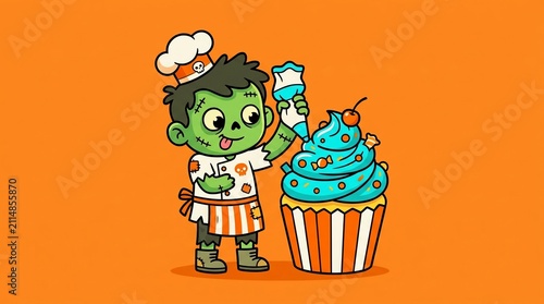 Funny cartoon zombie chef decorating a giant cupcake with orange background, spooky season treat preparation, 