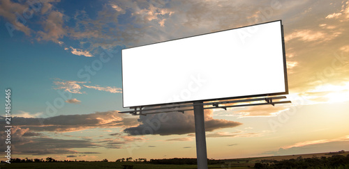 Blank White Billboard Mockup on Modern City Skyline Background Sunset