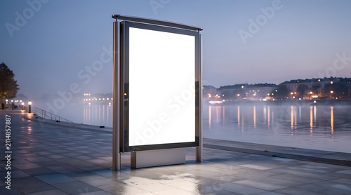Blank billboard display at night by the water with city lights reflection.