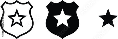 Set of police badge icons and a star symbol in black and white
