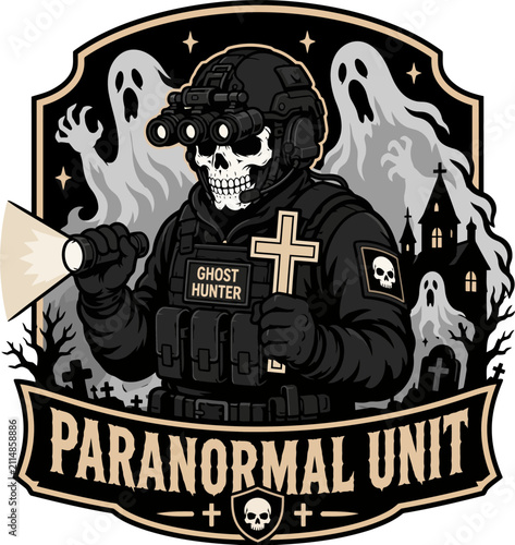 Paranormal Unit Ghost Hunter Skull Soldier T-Shirt Design Vector Illustration