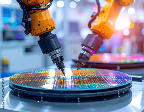 A robotic arm precisely handles a colorful semiconductor wafer