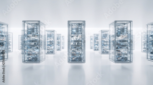 Clean white modern data center interior with endless rows of futuristic glass server racks