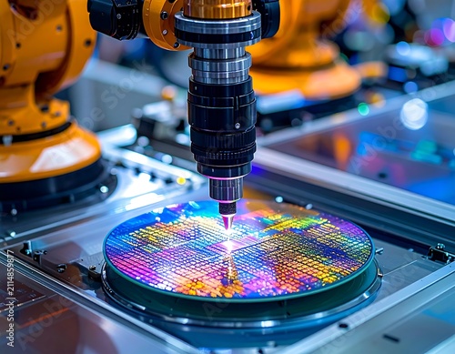 A robotic arm precisely handles a vibrant, rainbow-colored semiconductor wafer