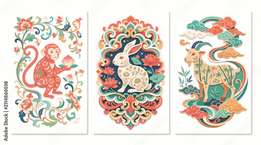 Naklejka premium Monkey, rabbit, and goat animal triptych. Stylized wildlife portraits in a decorative set.