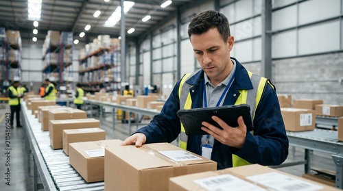 Warehouse worker scanning parcel labels. Inspector checking packages on conveyor belt.