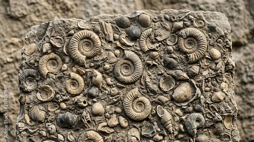 Fossilized ammonites and seashells embedded in ancient rock matrix, showcasing prehistoric marine life.