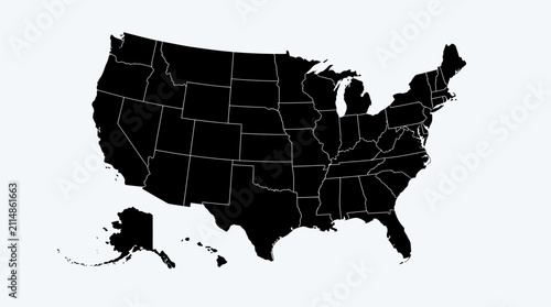 фотографія Black silhouette map of the United States with all individual state borders visible on a light background