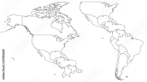 Quadro su tela Outline map of North and South America showing country borders for geographical study and education
