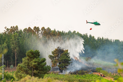 Фотография Helicopter dropping water, battling a widespread forest wildfire