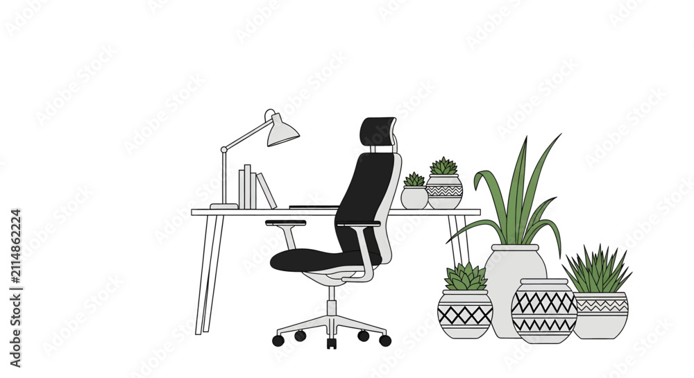 Fototapeta premium Modern minimalist workspace with ergonomic chair and various potted plants, concept for remote work productivity, ideal for website headers, business presentations and interior design blogs.