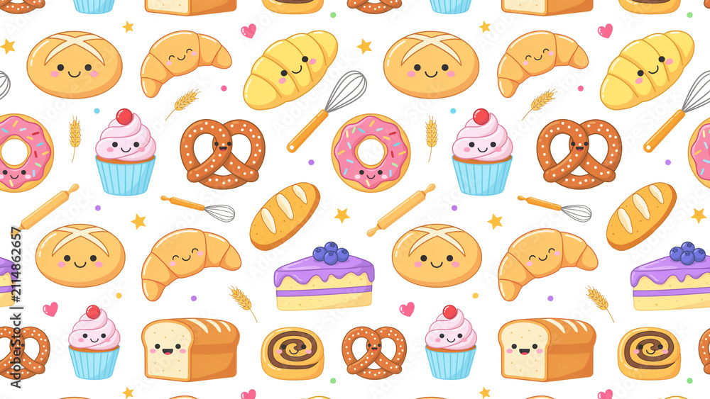 Fototapeta premium Colorful cartoon food items with faces arranged in cheerful repeating pattern transparent background