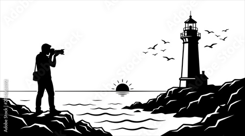 Black and white vector art silhouette of a photographer taking photo with telephoto lens on rocky coast at sunrise, with lighthouse and flying birds background.