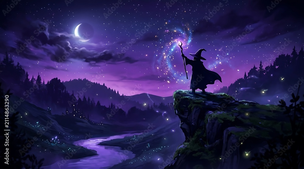 Fototapeta premium Silhouette of a wizard casting magic spell on a cliff at starry night