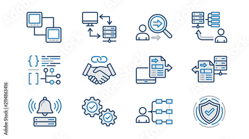 Corporate Infographic Icons Showing Modern Business Technology Data and Security Concepts in Blue and Gray