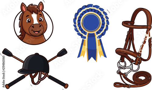 Equestrian equipment collection featuring horse bridle, riding helmet, award rosette, and smiling horse mascot in modern flat vector illustration