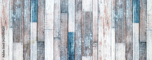 Distressed Wood Planks Pattern, Weathered vertical wooden plank background in blue, white, and gray tones. Rustic vintage wood texture, for banners, websites, branding, packaging and graphic design