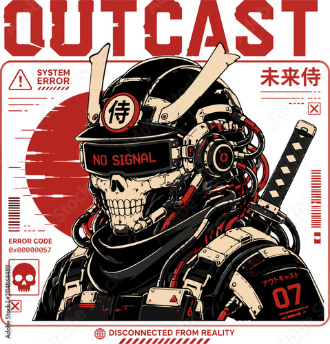 Outcast Cyber Samurai Skull with VR Helmet Futuristic Japanese T-Shirt Design Vector Illustration