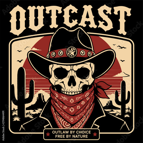 Outcast Skull Cowboy in Desert Vintage Western T-Shirt Design Vector Illustration