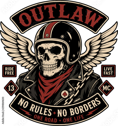 Outlaw Skull Biker with Wings Vintage Motorcycle Club T-Shirt Design Vector Illustration