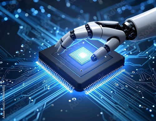 A robotic hand touches a glowing microchip on a circuit board with blue lights