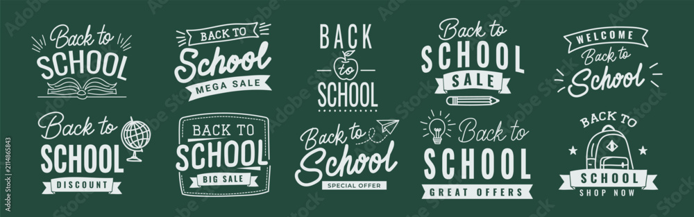 Fototapeta premium Back to school typography badge set with sale labels and lettering on chalkboard background for autumn promo banners, discount flyers and marketing design. Vector illustration