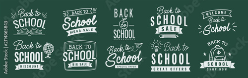 Back to school typography badge set with sale labels and lettering on chalkboard background for autumn promo banners, discount flyers and marketing design. Vector illustration
