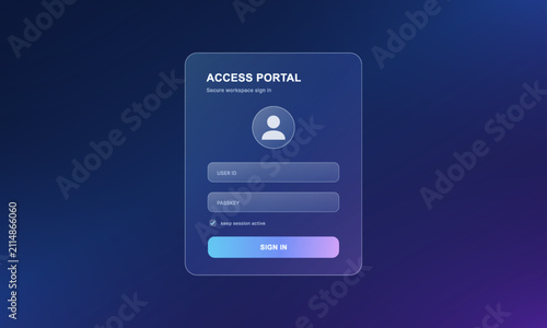 Glassmorphism login page template with user avatar, username and password input fields, sign in button on blurred transparent glass panel. Vector ui template
