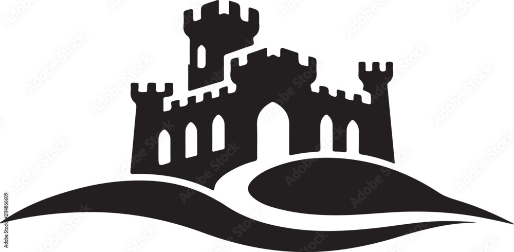 Obraz premium Medieval castle stone fortress silhouette vector graphic illustration featuring sharp crenellated towers and dark architectural design on clean white background