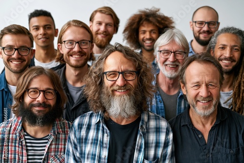 group of men stand close together in bright studio. They are smiling and have different styles. Some wear glasses and have various hairstyles. They seem to enjoy each others company