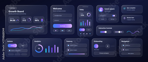 Dark neon style UI kit dashboard elements, featuring financial analytics charts, login form, mobile screens, sliders, and progress rings. Vector interface elements