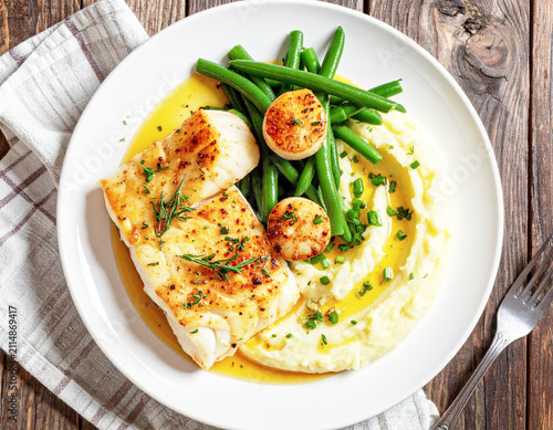Cod fish and scallops with mash potatoes, green beans, top view. AI