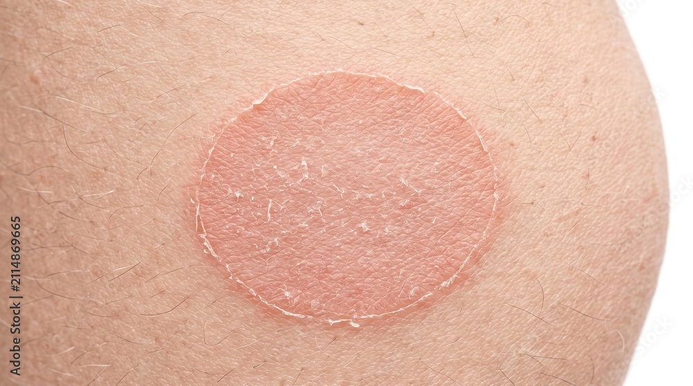 Fototapeta premium Macro view of ringworm tinea corporis fungal infection circular red rash on human skin