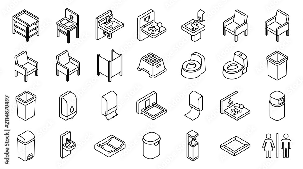 Fototapeta premium Isometric Baby Care and Restroom Icon Set