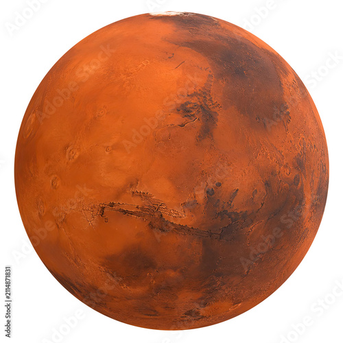 Mars planet isolated on transparent background with red surface