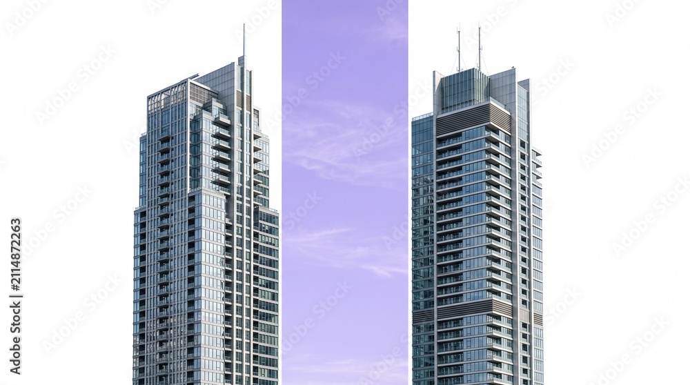 Fototapeta premium Two tall modern skyscrapers with glass facade and steel structure standing side by side representing urban architecture and corporate business development in a city financial district