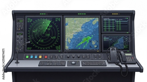 Advanced air traffic control console featuring digital radar screens and navigation maps on white background