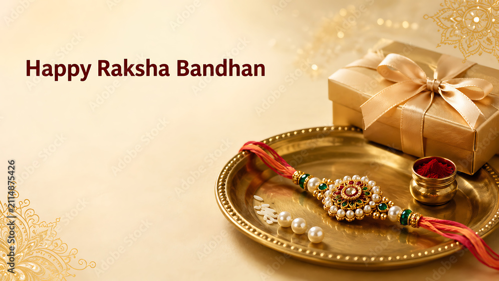 Obraz premium Happy raksha bandhan greeting with jeweled rakhi gift box puja thali and kumkum on golden background for hindu religious festival celebration banner design