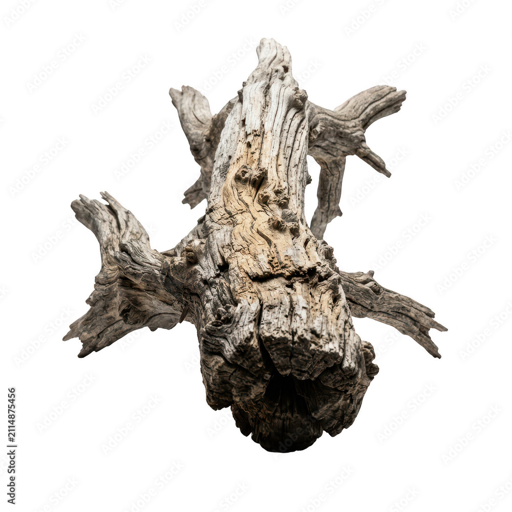 Fototapeta premium Old weathered driftwood log. Isolated rustic tree stump for nature design projects.