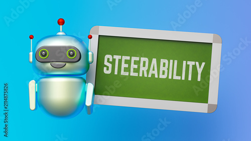 3D Robot Presenting Steerability Concept on Green Chalkboard for AI Safety, Alignment and Control